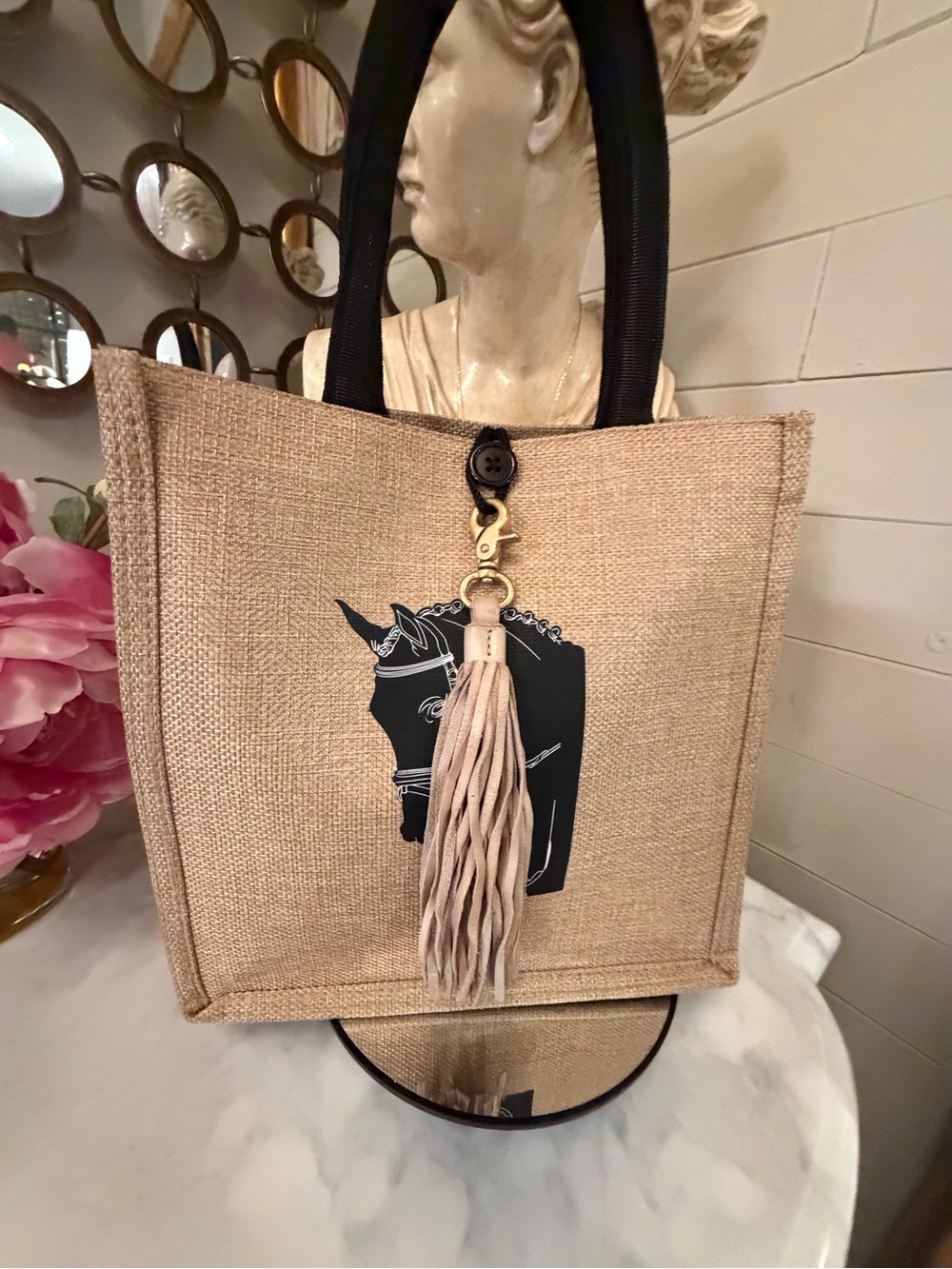 Natural Jute Tote Bag with Black Horse Motif and added leather Tassel NWOT - Picture 11 of 11
